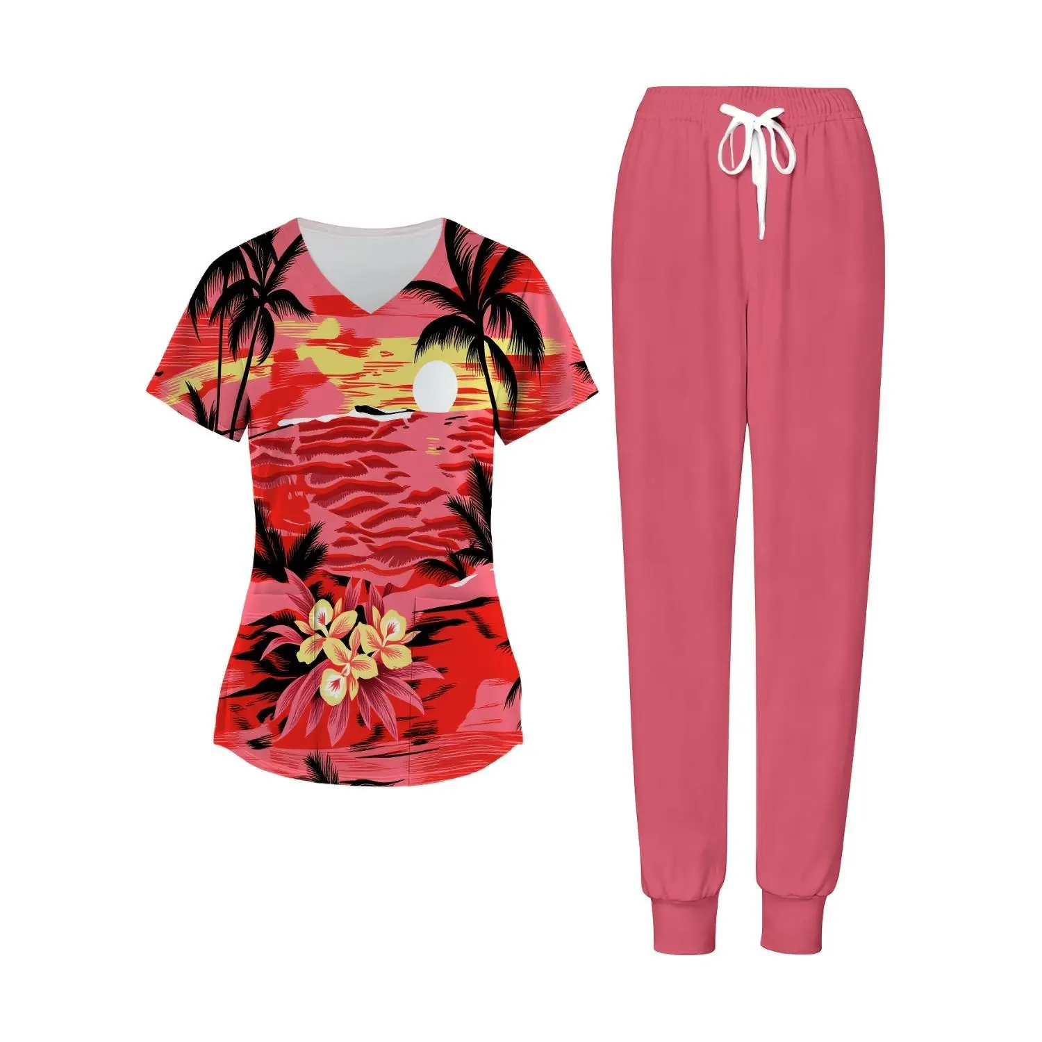 Tropical Sunset Nurse Uniform Set for Women – V-Neck Scrubs Top & Pocketed Pants, Stretch Fabric for Summer Work Comfort, 2026 New Model