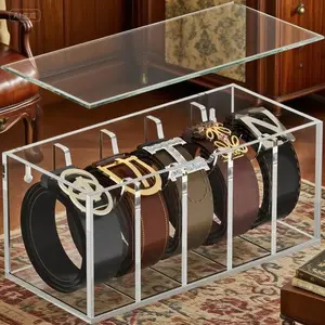 Acrylic Belt Storage Organizer with Dust Cover, Clear 5-Compartment Display Holder for Closet Drawer, Space-Saving Belt Hanger for Women Men, Durable Tie Case for Home Organization Racks Box Container Gift Glossy Water Proof