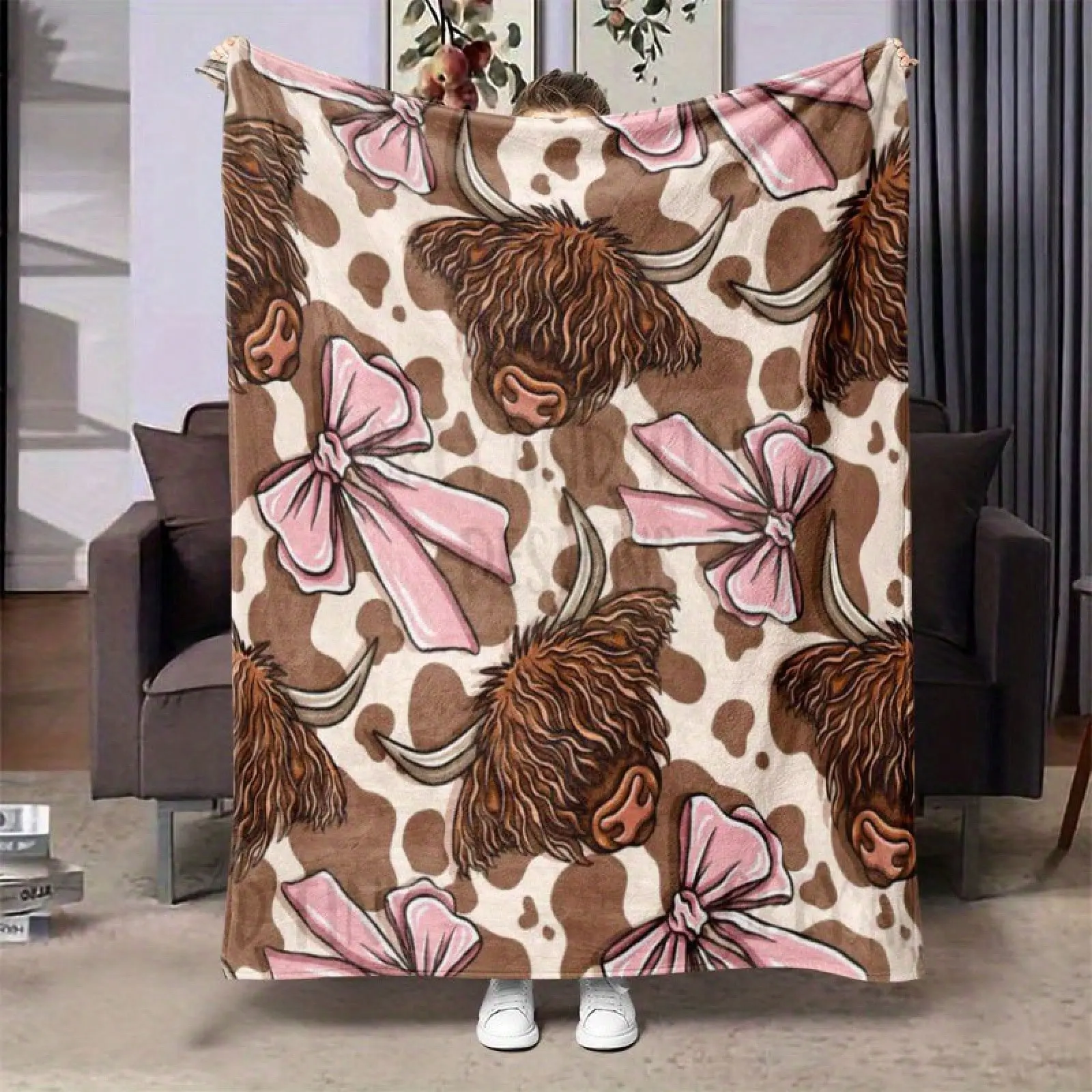 Highland cow and pink bow tie flannel blanket - Soft and warm all-season throw for office, bed, sofa, camping - Modern and comfortable gift with background design, cow blanket