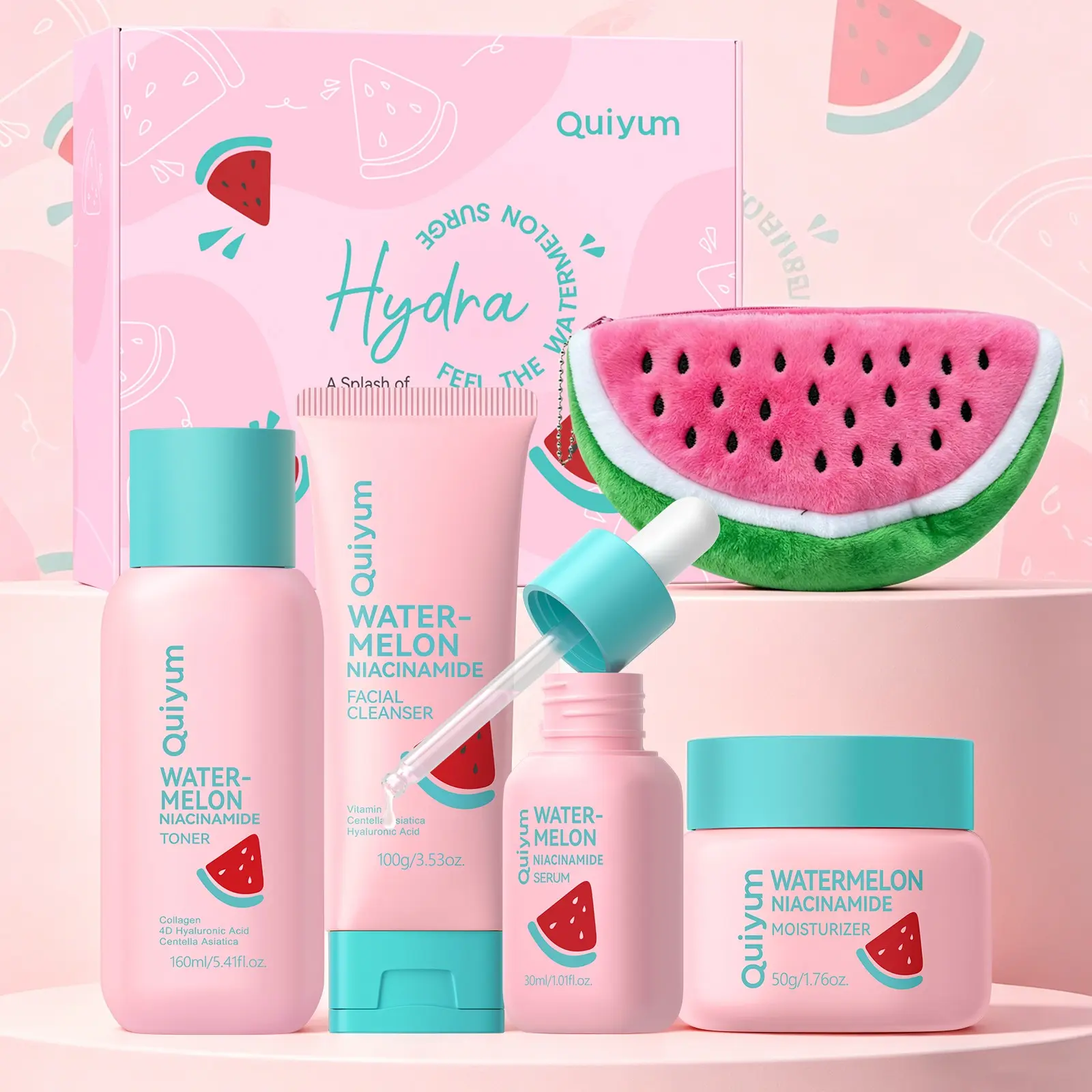 QUIYUM Pink Watermelon Skincare Gift Box | 5 Items Niacinamide Brightening & Soothing Hydrating Face Care Kit | Daily Hydration Routine with Cleanser, Toner & Serum | Comes with Viral Watermelon Pencil Case Skin Care Set