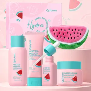 QUIYUM Pink Watermelon Skincare Gift Box | 5 Items Niacinamide Brightening & Soothing Hydrating Face Care Kit | Daily Hydration Routine with Cleanser, Toner & Serum | Comes with Viral Watermelon Pencil Case Skin Care Set