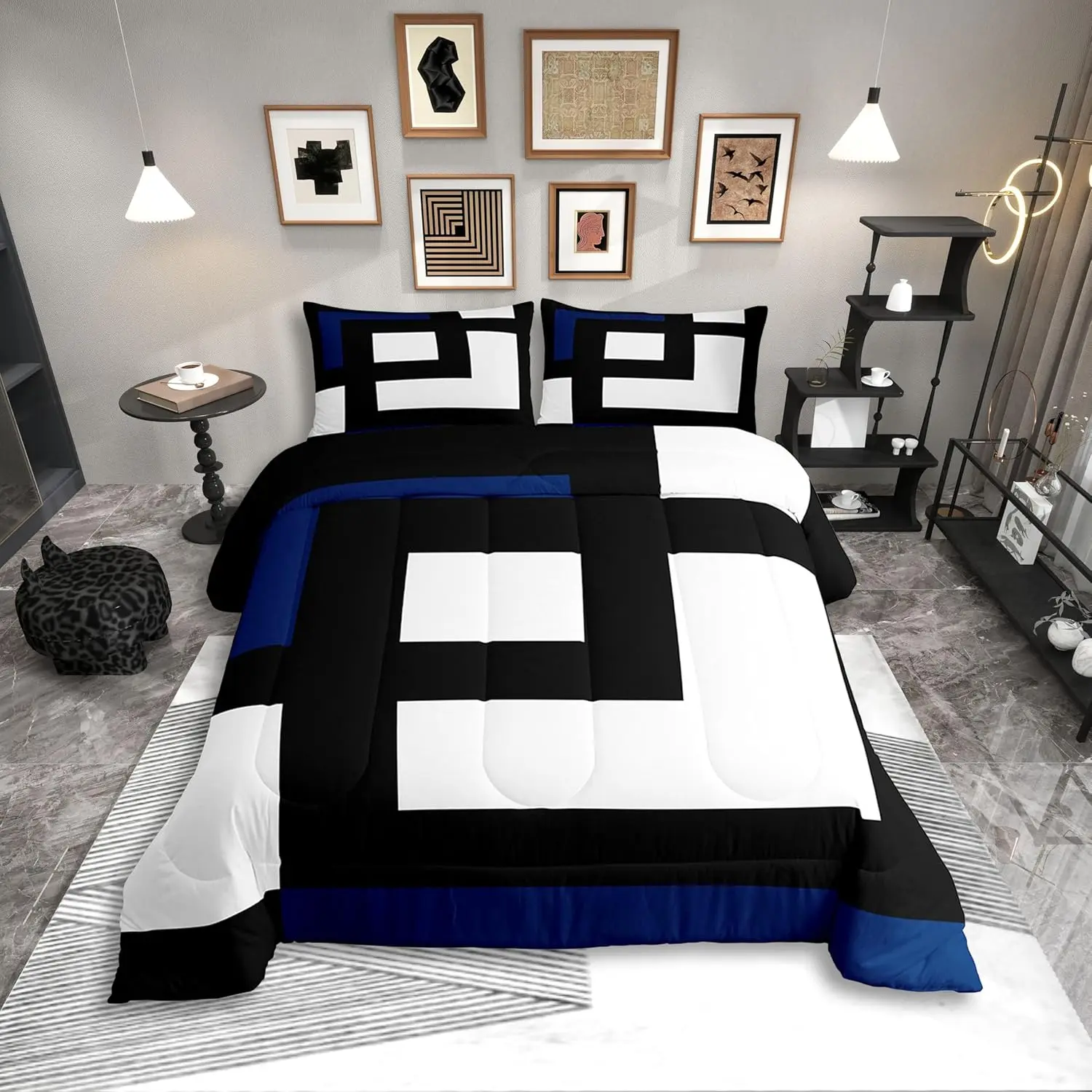 Blue Black and White Striped Bedding Sets for Adult Women Men Square Abstract Comforter Set Modern Geometric Stripes Bold Lines Quilt Set Minimalist Plaids Bed Collections