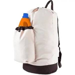 Laundry Bag Backpack with Shoulder Straps and Detergent Holder Clothes, Travel Laundry Backpack Bag Hamper for College Dorm Room (Khaki w Brown)