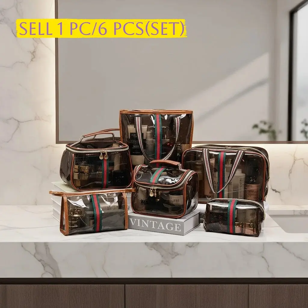 1/6 Counts Large Capacity Transparent Makeup Bag, Vintage Luxury Style, Multiple Designs Available, Portable Cosmetic Storage Bag for Toiletries & Cosmetics, Multi-Functional Tote bags, Travel Organizer, Transparent Vanity Bag, Makeup Pouch