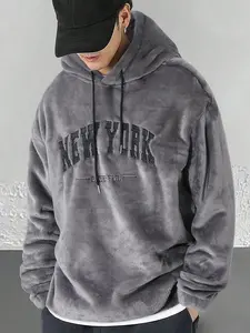 Men's Letter Embroidery Drop Shoulder  Plush Hoodie, Fashion Casual Long Sleeve  Hooded Sweatshirt for Daily Holiday Outdoor Wear, Men Clothes for Fall & Winter, Casual Streetwear Sweatshirt