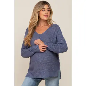 Blue Chunky Knit Side Slit Maternity Sweater