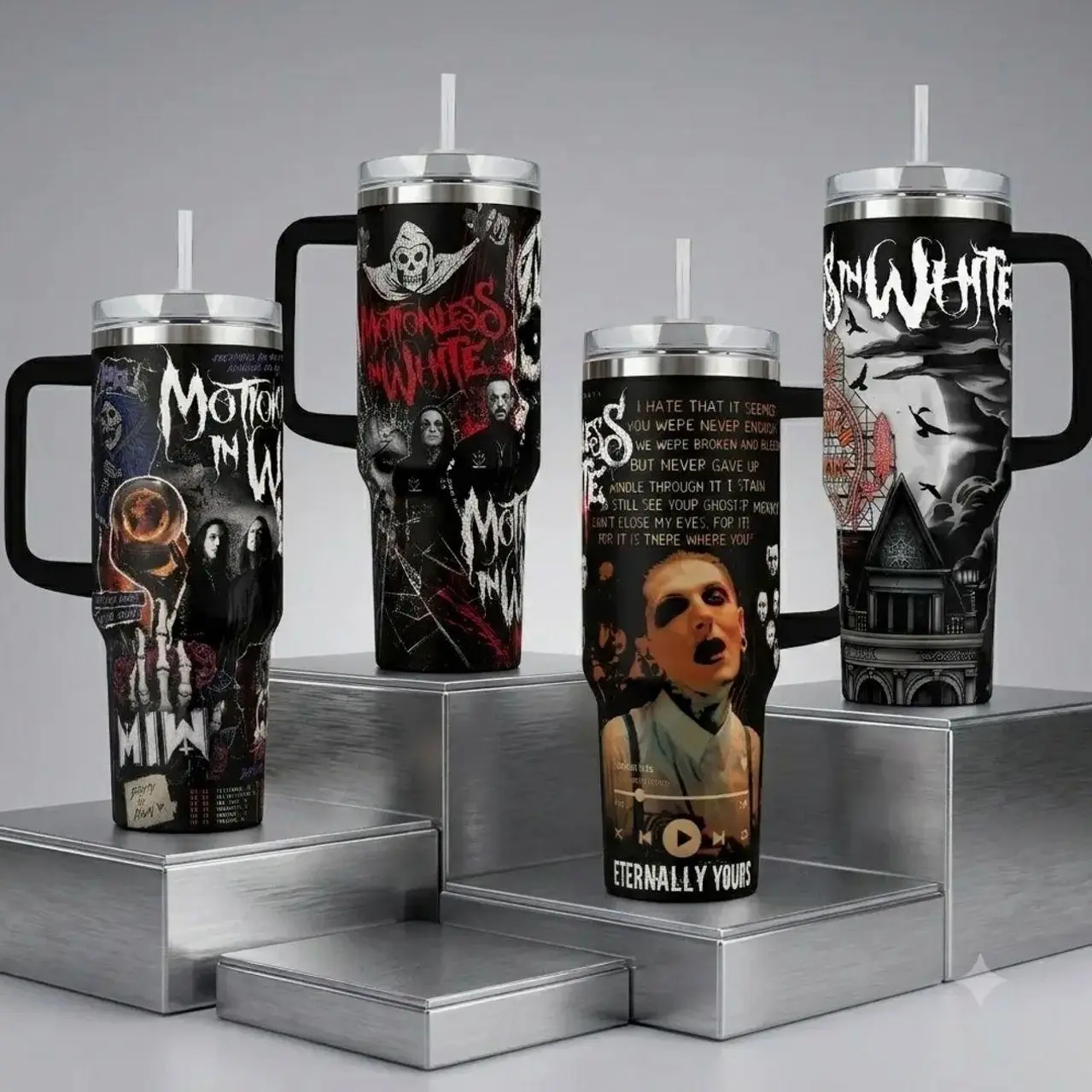 Eternally Yours Motionless In White MIW Afraid of the Dark R.I.P 40 oz Leakproof Portable Vacuum Insulated Tumbler with Handle, Straw, Graphic - 12H Hot/Cold Retention, 18/8 Stainless Steel Travel Mug for Alternative Fans