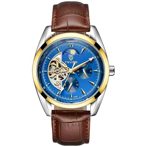 TEVISE men's automatic watch, men's hollowed-out watch with cowhide strap, hollowed-out, self-winding mechanical watch, celestial calendar wristwatch, flywheel, suitable for giving to family members, partners, and friends