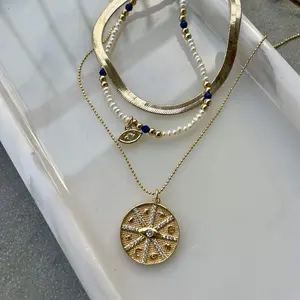 Chi Evil Eye Necklace in 14k Gold layered, 20" Chain, Micro Pave Stone, Medallion Design