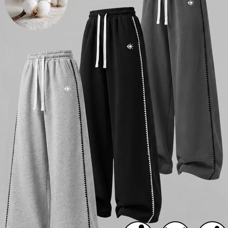 Men's Wide Leg Sweatpants - Elastic Waistband with Adjustable Drawstring, Side Stripe Decoration, Small Logo Embellishment, Side Hand Pockets, Soft Fabric, Ideal for Fitness Training, Daily Street Casual Outfits, Pants