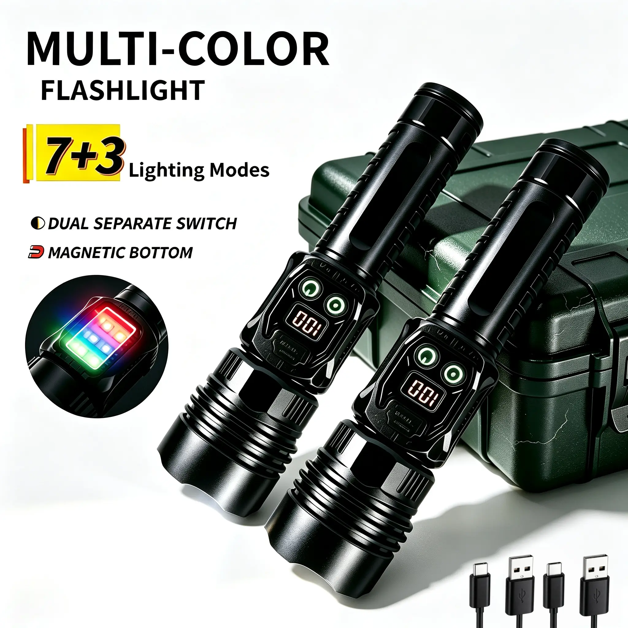 2PCS Multicolor Warning Strobe Tactical Flashlights (Tactical Light), 7+3 Lighting Modes, Telescopic Zoom Beam, Magnetic Tail Cap for Hands-Free Use, USB Rechargeable with Digital Power Display, Car Repair & Camping Tool
