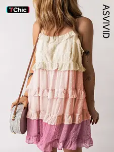 Women's Colorblock Swiss Dot Ruffle Trim Tie Back Cami Dress, Boho Fashion Casual Spaghetti Strap Backless Short Dress for Beach Holiday Vacation