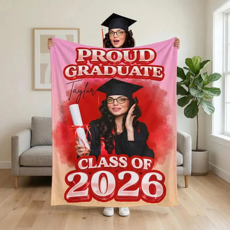 Personalized Senior 2026 Photo Blanket,Class of 2026 Graduation Gift,Custom Senior High School College Graduate Keepsake,Custom Name Blanket