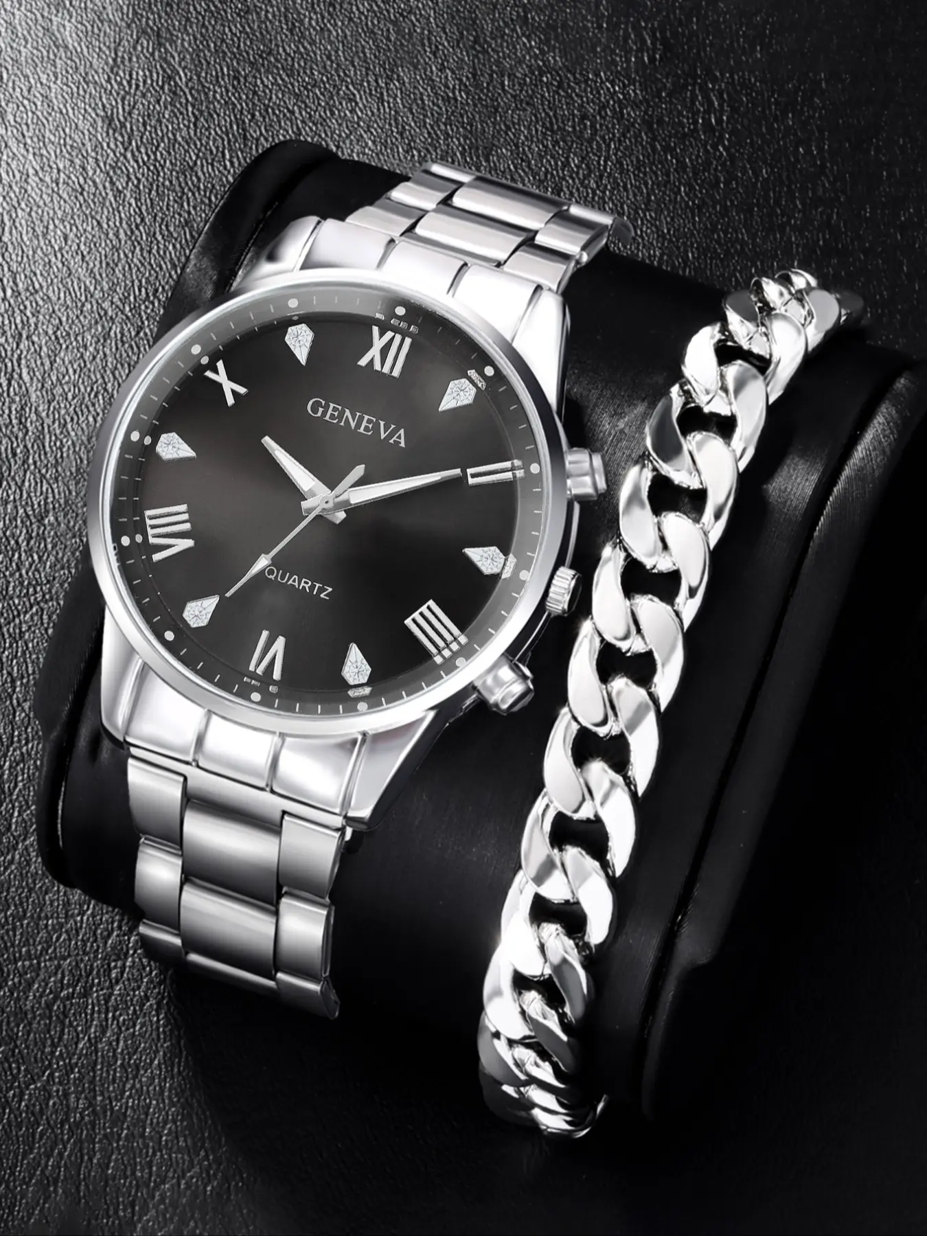 Men's Stainless Steel Watch Set with Roman Dial, Casual Quartz Wristwatch, Fashionable Wristwatch, Analog Watches, Durable Watch, Silver Color Business Fashion, Perfect Gift