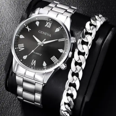 Men's Stainless Steel Watch Set with Roman Dial, Casual Quartz Wristwatch, Fashionable Wristwatch, Analog Watches, Analog Wristwatches, Durable Watch, Silver Color Business Fashion, Perfect Gift