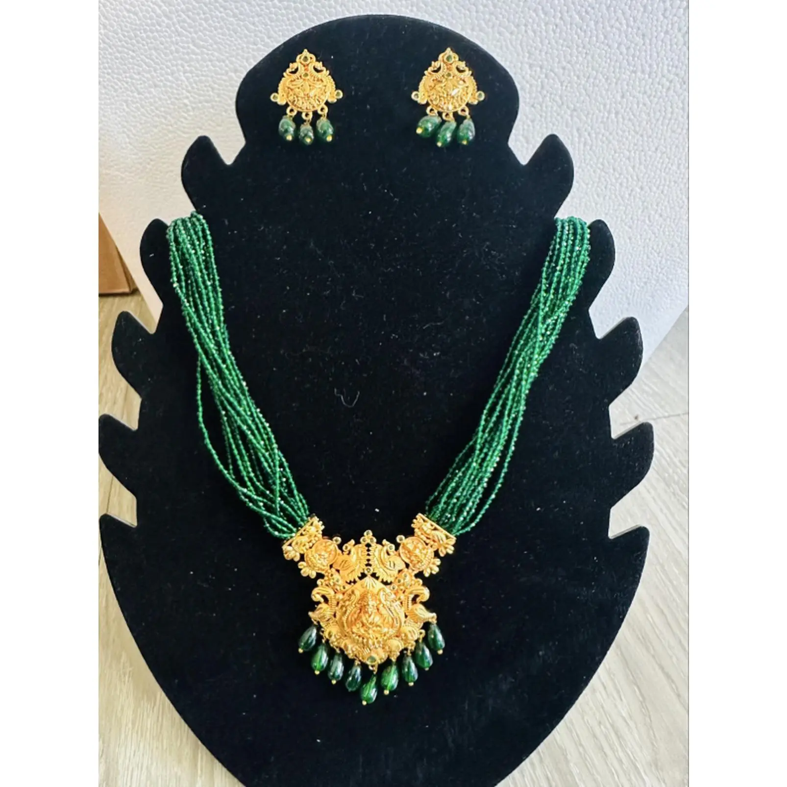 Green 12inch Temple Design Necklace & Earrings Set with Gold Accents and Green Beads