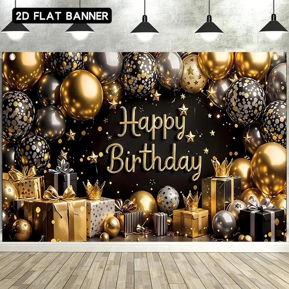 1pc 2D Flat Happy Birthday Party Banner - Durable Polyester Backdrop with Black, Golden, Silvery Crown, Star Prints, Birthday Ideas for Gender Neutral Festive Backdrops & Banners, Living Room Decor