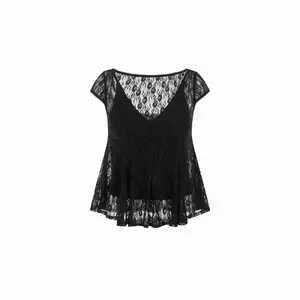 Cider Lace Boat Neck Short Sleeve Backless Blouse & Cami Top Set