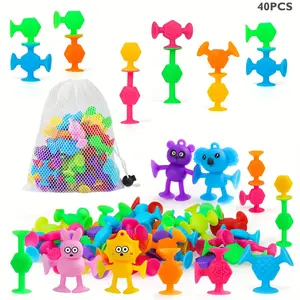 Silicone Animal Design Suction Cup Toy, 40pcs/set Cute Suction Toy with Mesh Drawstring Storage Bag, Fun Bathing Toy Soft Silicone Building Toy, Sensory Montessori Toy for Kids Babies