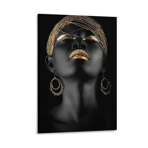 Golden Mouth Nails And Hair Female Portrait Poster African American Wall Art Decor Print Gifts Landscape
