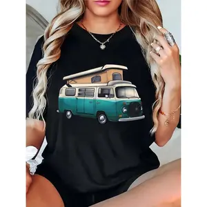Women's Vintage Camper Van Graphic T - Shirt, Retro Teal & White Camper Van with Roof Tent Print, Casual Summer Road Trip Festival Camping Tee for Travel Lovers, Camper Enthusiasts, Hippie Style Fans 100% Cotton T-shirt