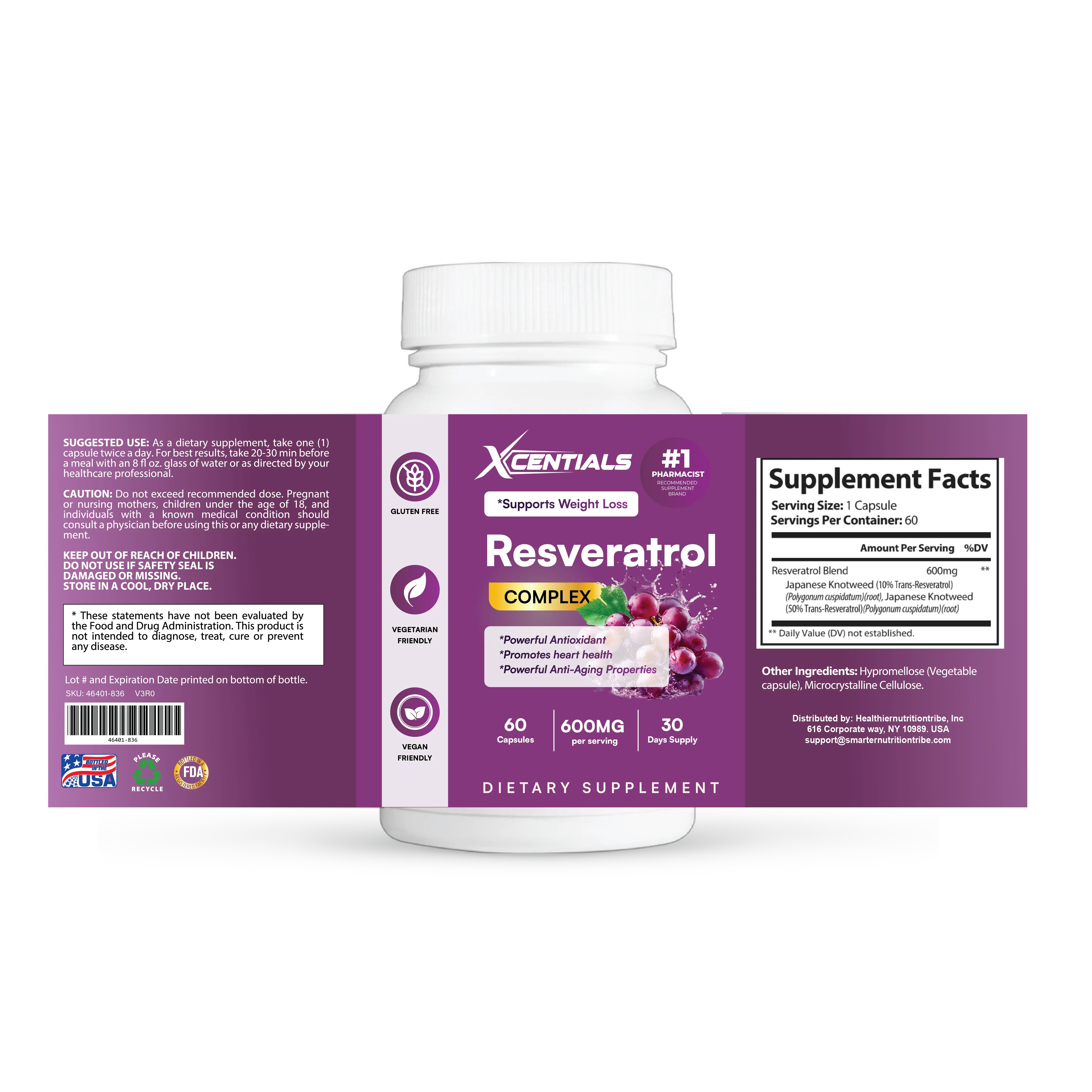 Xcentials Ultra-Pure Resveratrol 1450mg Antioxidant & Joint Support with Green Tea & Acai - Powerful Antioxidant Blend for Youthful Vitality - Healthcare