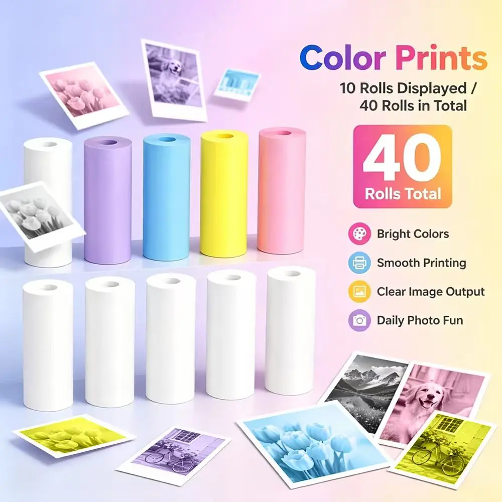 40 Roll Instant Photo Paper Refill Film Suitable for Most Instant Cameras, Self-Adhesive Self-Developing Picture Paper Sheets, Replacement Film Compatible for, for Home, Travel, Parties, Portable Photo Refills