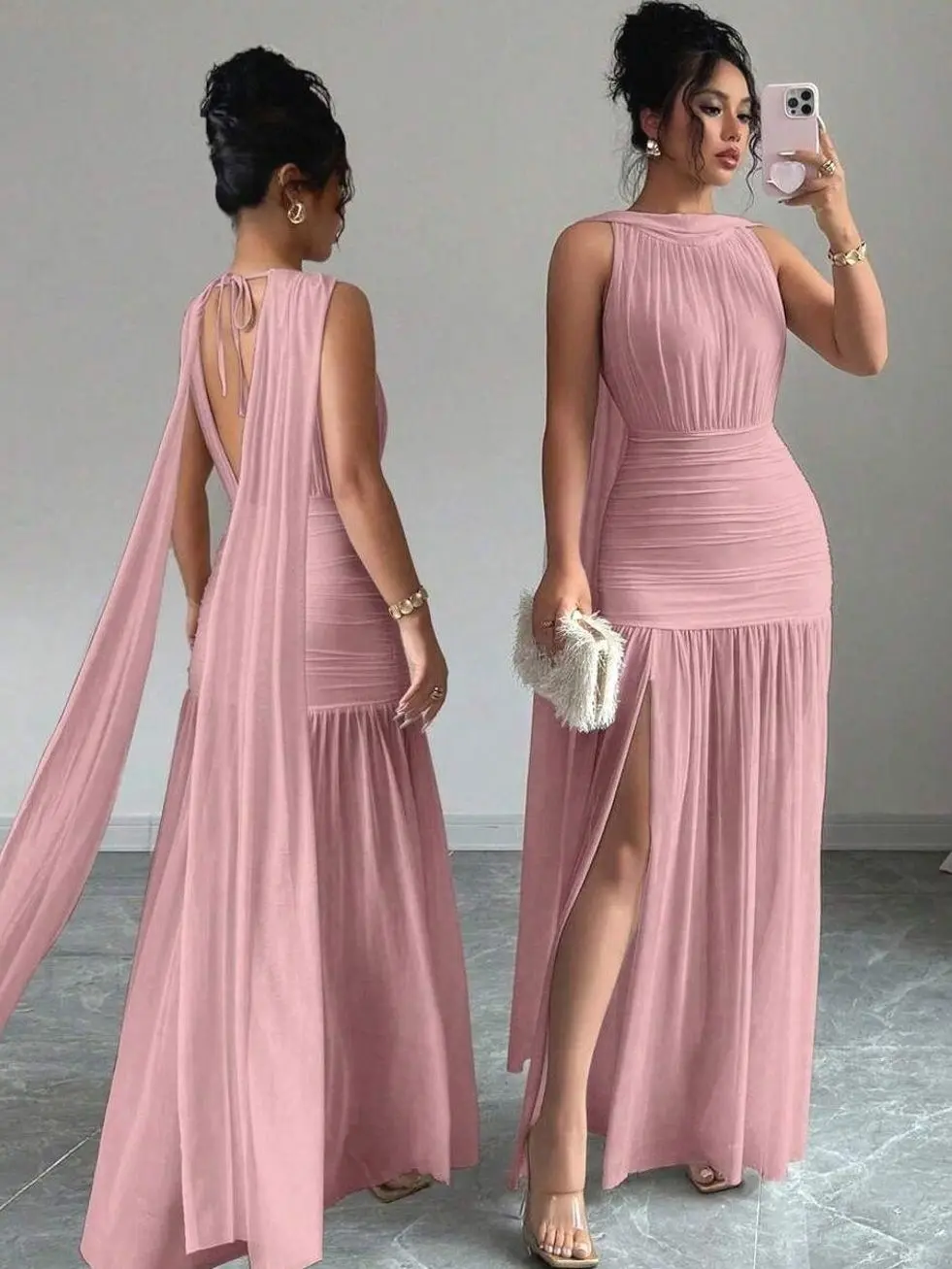 Women's Elegant Solid Color Backless Pleated Slit Dress, Summer