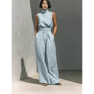 [0064] Women's Linen-Blend Two-Piece Set for women | Sleeveless Turtleneck Top & Wide Leg Pants Outfit