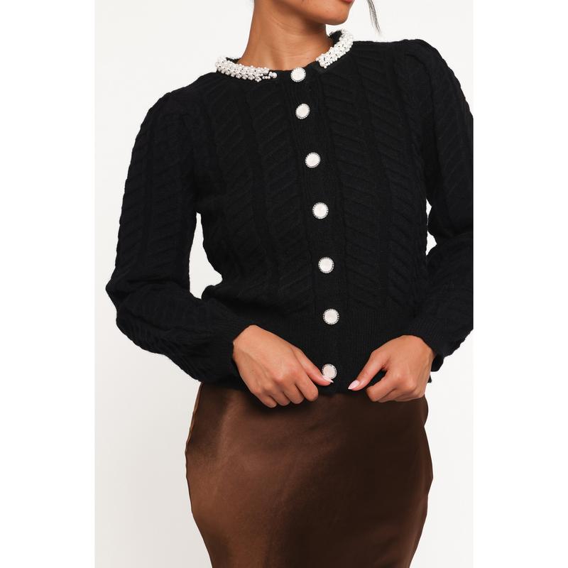 Sheena Rhinestone Collar Holiday Cardigan - Black