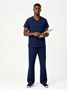 Solid Color Pocket Short Sleeve Pants Work Uniform Comfortable Doctor Nurse Technician Outfit For Clinic Hospital