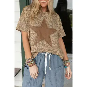 Studded Star Patch Leopard Tee - Khaki Retro Loose Casual T-Shirt for Women  Khaki