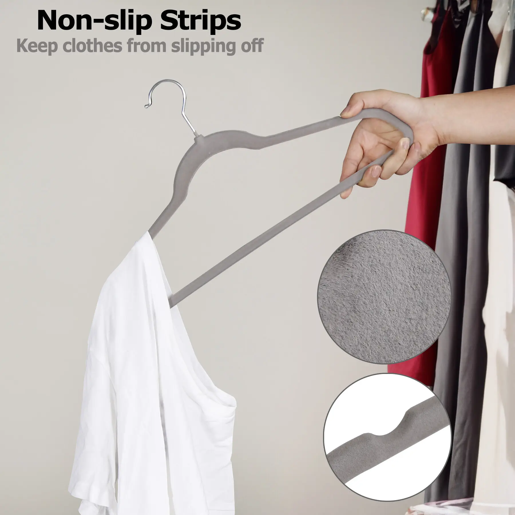 Segawe Premium Velvet Slip-Proof Felt Clothes Hangers, 100-Pcs Bulk Pack ABS Plastic Organizer - Slim, Durable, Heavy-Duty Metal-Core with Rotating Hook, Eco-Friendly, Ergonomic, Gray/Silver for Closet Space Maximization