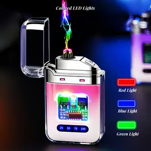 Cool Windproof Dual Arc Lighter, USB Rechargeable Electronic Lighter, Exquisite and Compact, with Colored LED Lights And Power Display, for Outdoor Travelling Camping Candles, Household Gadget, Perfect Gift for Christmas, Birthday