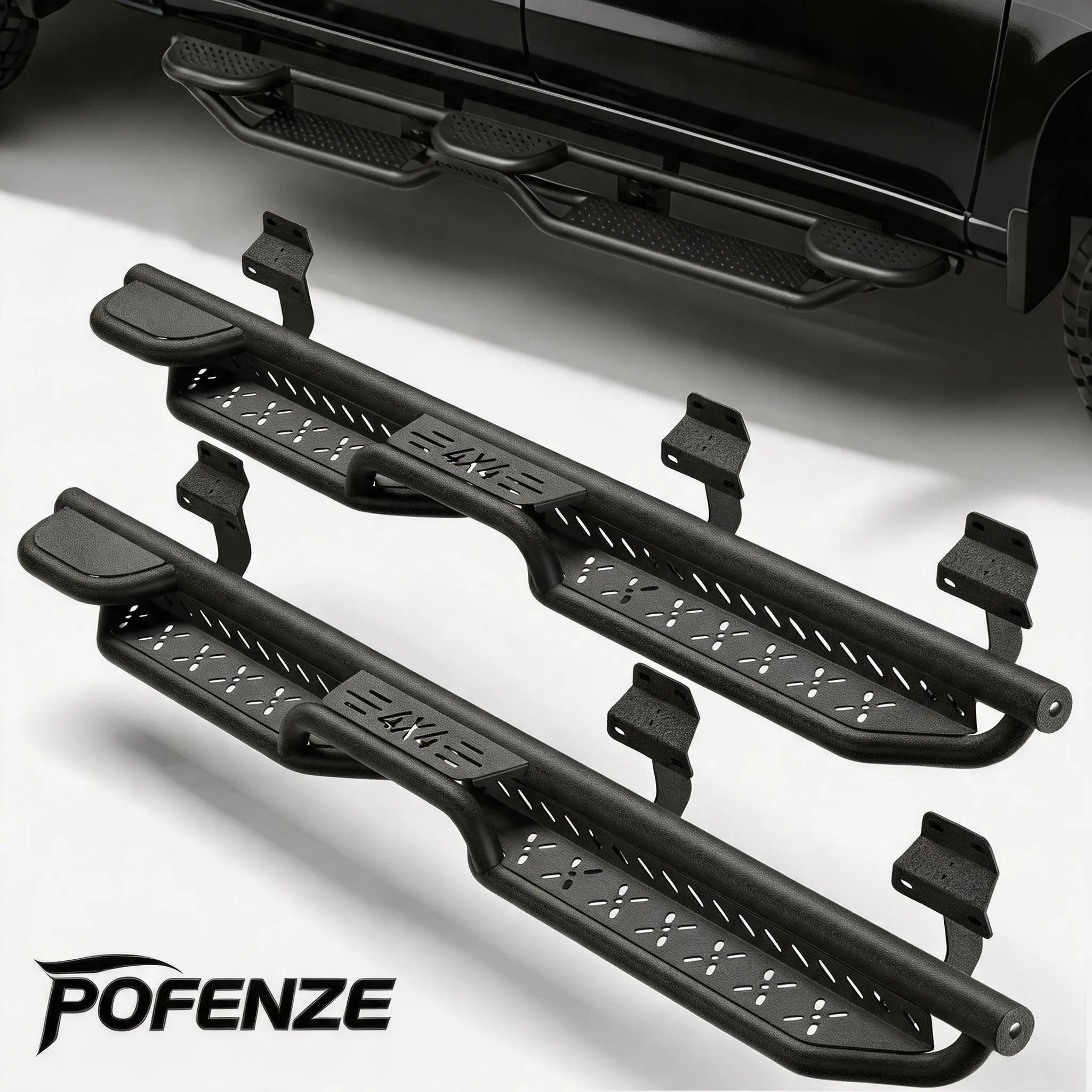 POFENZE-Mestan Star Logo Powder Coated 2-Stair Running Boards - Bolt-On Side Rails, Side Steps for 2015-2025 Ford F150 SUPER CREW, 2017-2025 Ford F250 F350 SUPERCREW - Easy Install, Sleek Modern Look, Entry Aid, Accessibility-Enhancing Rock Sliders, Autom
