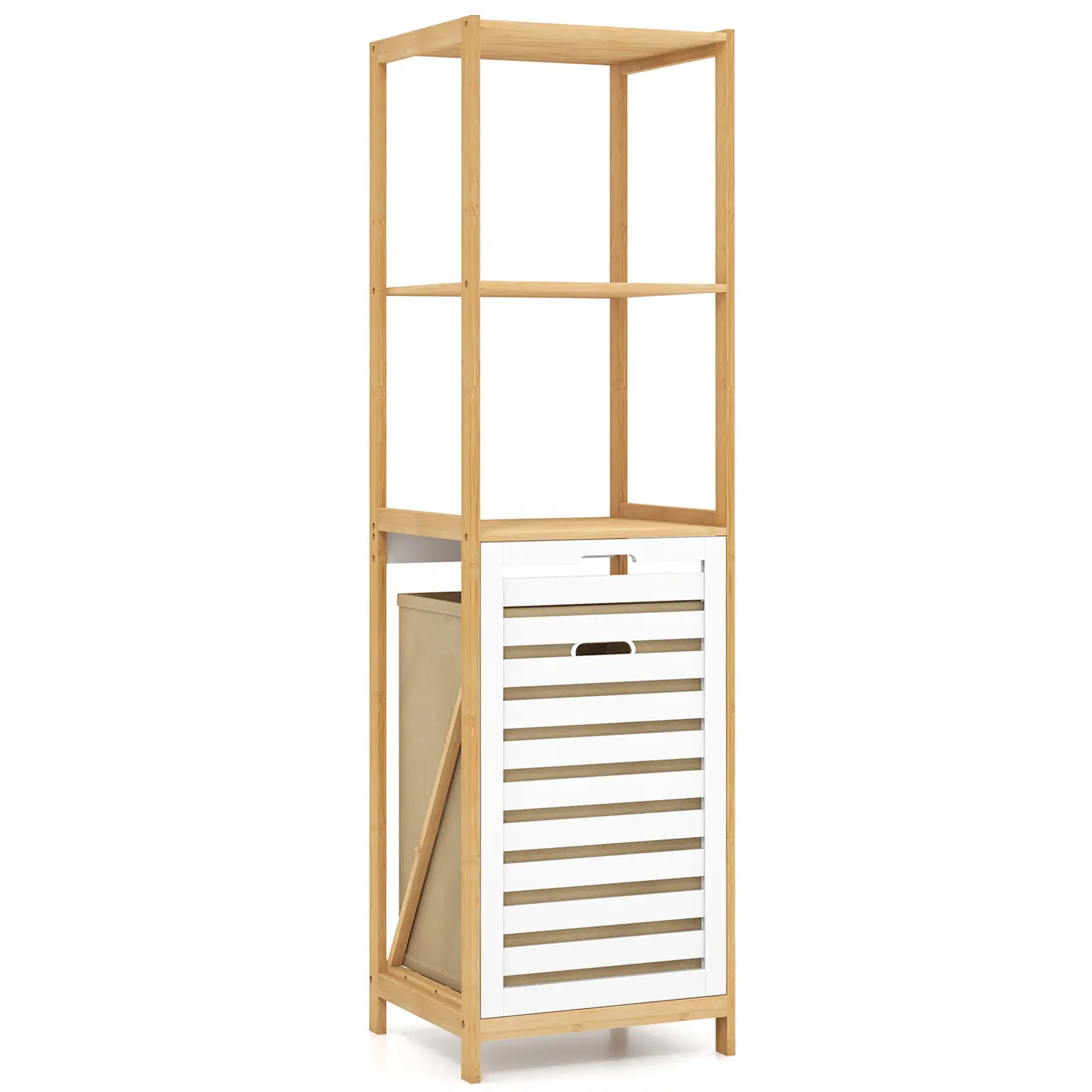 COSTWAY - 3-Tier Tilt-Out Laundry Hamper with Storage Shelves for Laundry Room-Natural and White