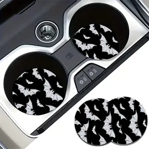 Summer Black White Bat Print Car Coasters, 2PCS Non-Slip Cup Holder Inserts, Gothic Car Interior Accessories