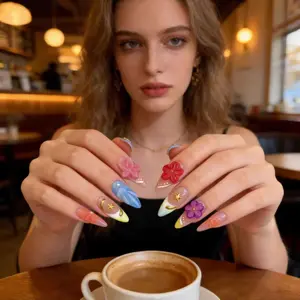 10Pcs Handmade Reusable Press On Nails, Long Almond Mermaid Floral Fake Nails, Iridescent Gradient Wearable Manicure Set for Spring Summer High-Quality Reusable Nail Art