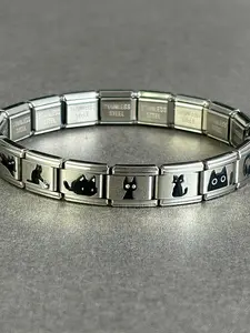 Original Design Italian Charm Bracelet - 18Pcs Cute Black Cat Stainless Steel Modular Links, Waterproof Customizable Jewelry with Link Removal Tool Included