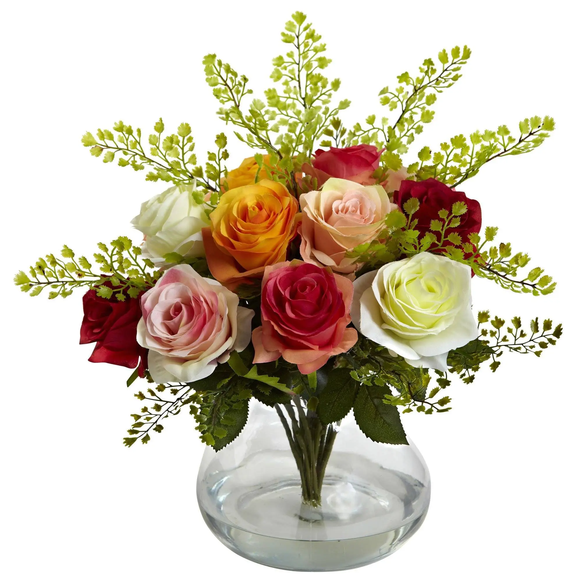 Rose & Maidenhair Decorative Flower Arrangement with Glass Vase, Home Decor Centerpiece, Ideal Home Supplies Gift