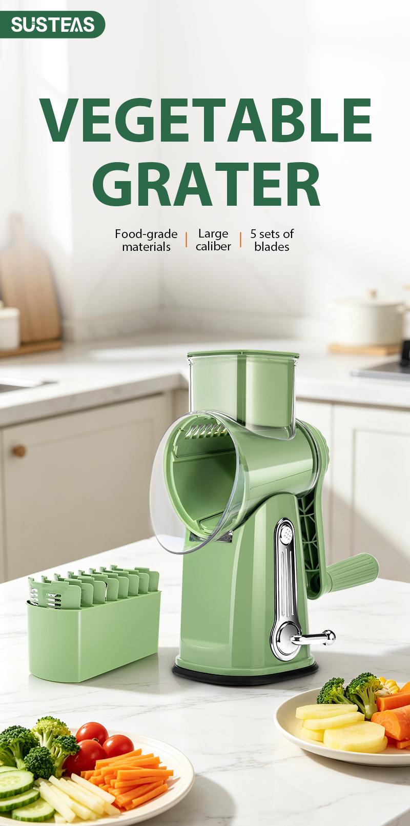 SUSTEAS Rotary Cheese Grater Hand Crank Food Chopper with Handle, 5 Well-Designed Blades, Strong Suction Cup Base, Blade Storage Box, Removable Parts for Simple Cleanup, No Power Home Cooking Tool for Wavy Cuts,sohochic