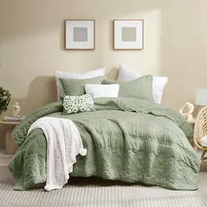 Boho Sage Green King Size Bedding Sets with Pillow Sham, Bohemian Lightweight Soft Bedspread Coverlet, Farmhouse Floral Vintage Thin Comforter Bed Cover All Season, 3 Pieces, 104x90 inches