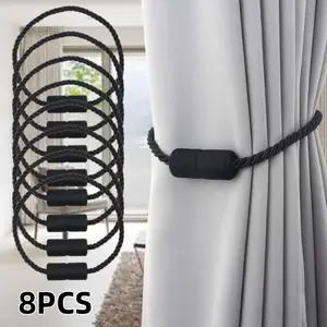 8 Pack Strong Magnetic Curtain Tiebacks Outdoor Elegant Decorative Tie Backs Modern Rope Tiebacks for Drapes Window Curtain Holdbacks for Draperies- Black