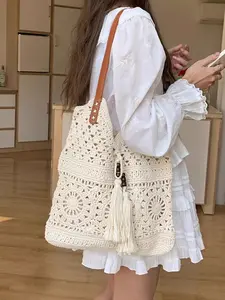 2026 New Large Capacity Hollow Out Cotton Rope Woven Bag, Beach Vacation Style Shoulder Bag, Bohemian Knitted Straw Bag, Ideal for Travel