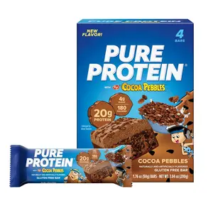 Pure Protein Cocoa PEBBLES Protein Bars – 20g Protein, 4g Sugar, 180 Calories (4 count) Low Sugar* High Protein Snack - Gluten Free - Perfect for a Healthy Snack.