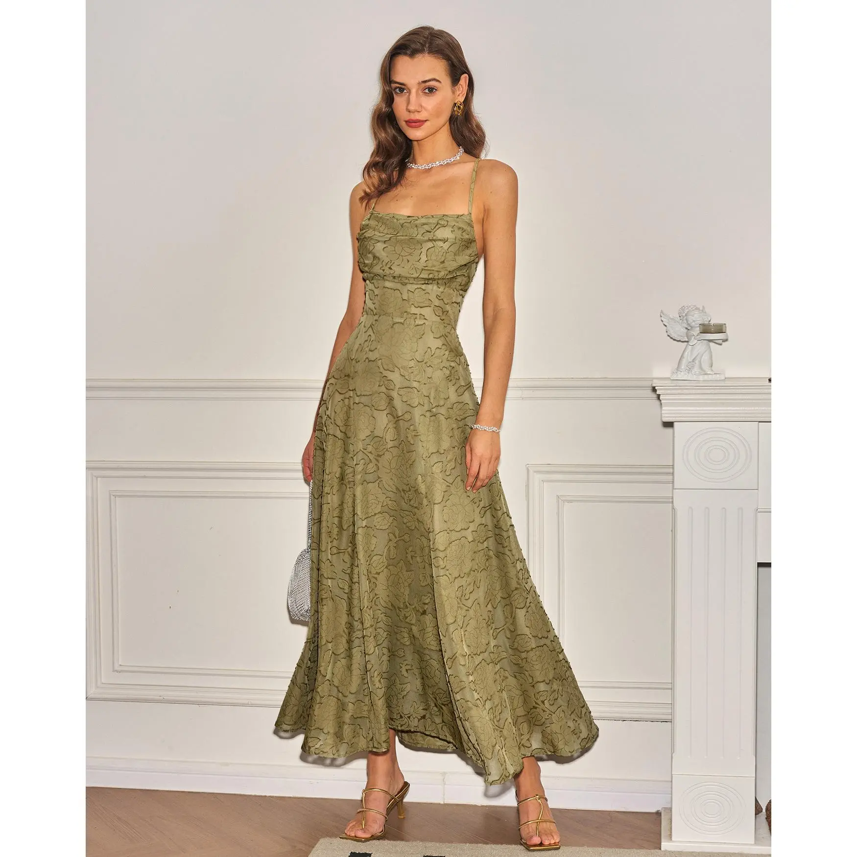 Sage Green X Cross Jacquard Slip Maxi Dress