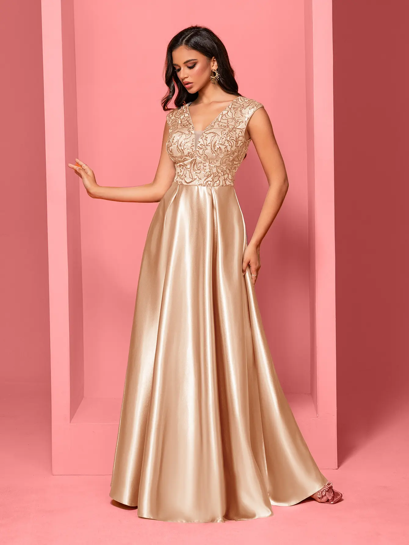 BluePlum Women's Champagne Lace Formal Dress - V-Neck Sleeveless A-Line Draped Floor-Length Maxi with Sparkly Glitter Sequin Embroidery, Satin Patchwork Retro Metallic, Elegant, Glamorous, Luxury Formal Wear for Evening, Elegant Formal Dresses