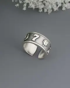 Sterling Silver Lucky Symbols Ring – Adjustable Band with Horseshoe, Ladybug, Four-Leaf Clover, 7, and Wishbone