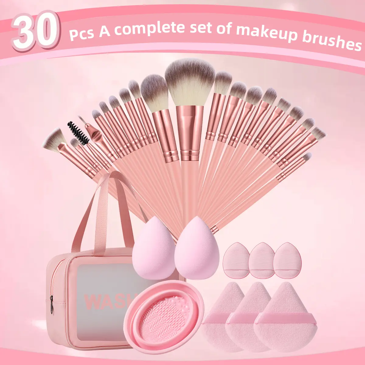 30pcs Face Makeup Tools Set,20pcs Makeup Brushes&Wash Bag&2pcs Large Makeup Sponge Powder Puff&3pcs Fan Powder Puff&3pcs Thumb Powder Puff&Brush Bowl