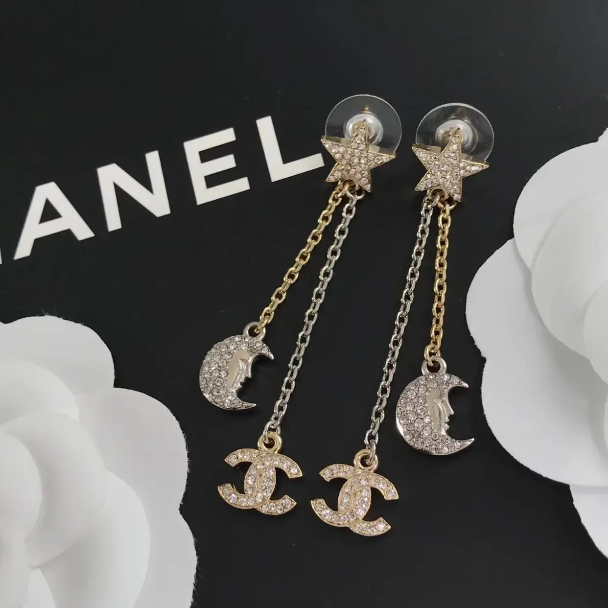 Pre-owned Second Hand Chanel Star & Moon CC Logo Double Chain Drop Earrings